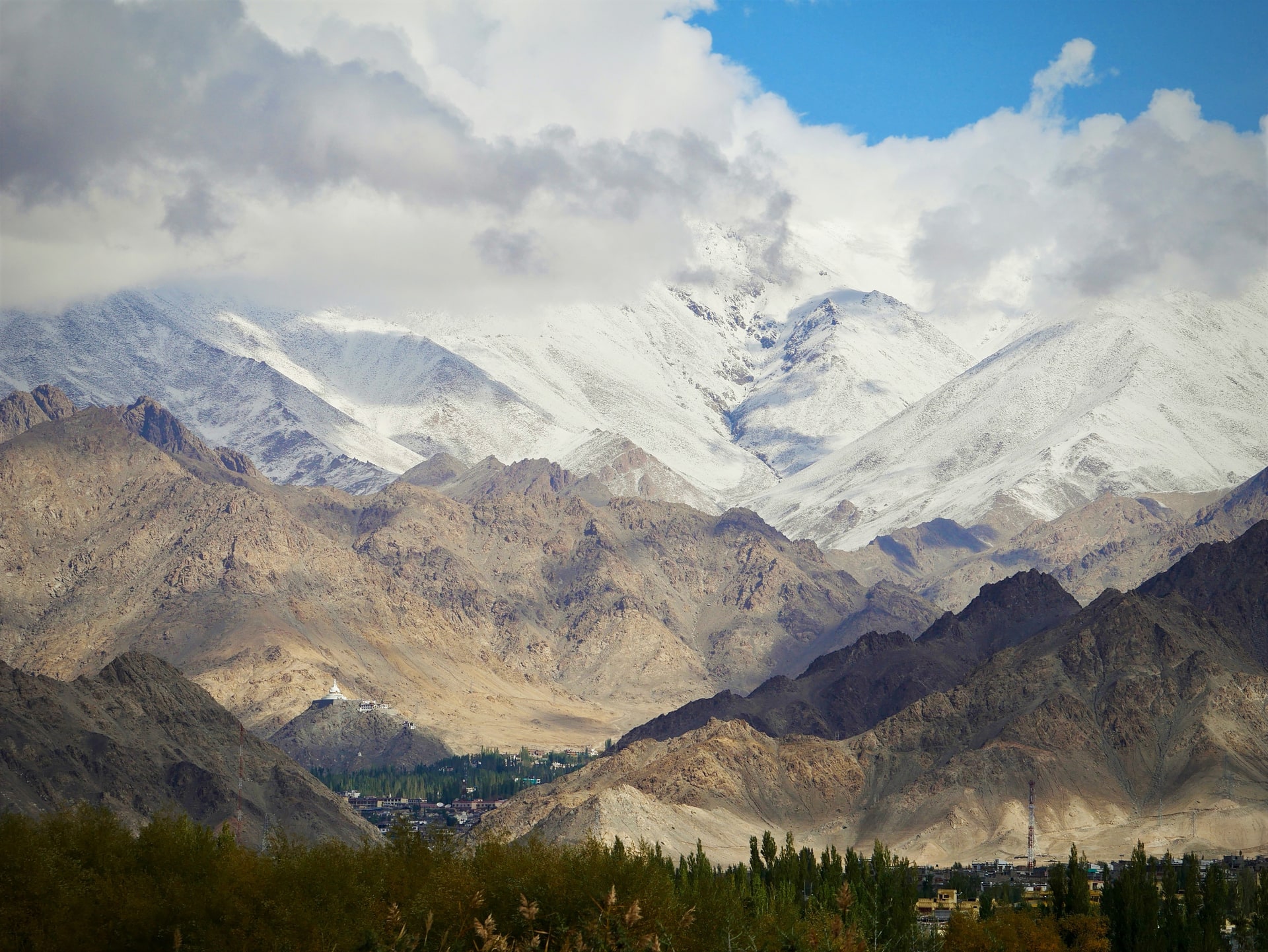 Shanti Stupa and Khardung La from Camp